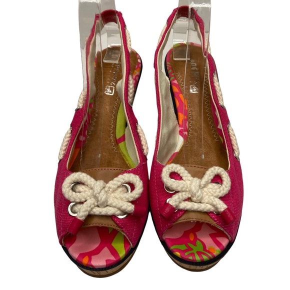 SPERRY Pink & White Cork Top Sider Peep Toe Slingback Bow Tie Wedges, 7.5 - Picture 5 of 10